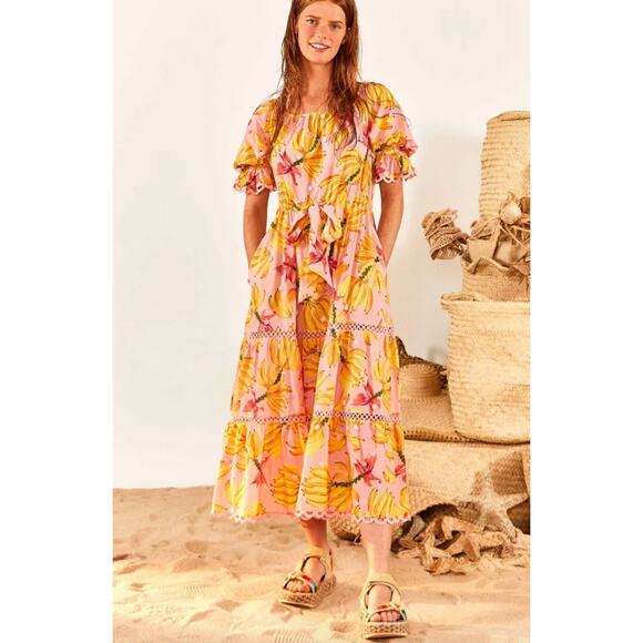 Farm Rio Midi Dress Banana Taste Off The Shoulder Pink Yellow nwt Size Small S - Picture 8 of 9